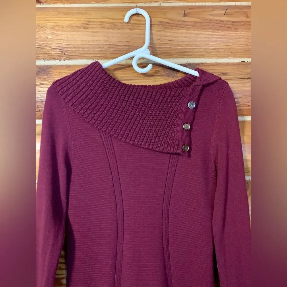 Style & Co. Tunic Length Burgundy Sweater with Angled Flap Collar Medium - Picture 2 of 10